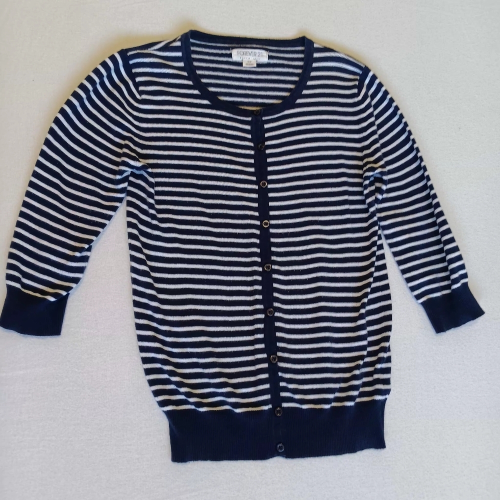 Classic Nautical Navy White Striped Button Front Cardigan Forever 21 Small Prep